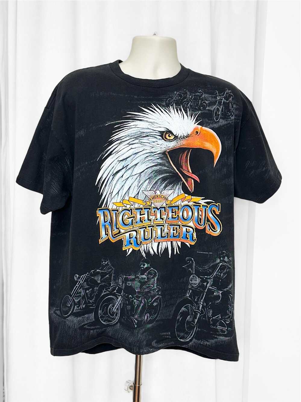 Vintage 90s 1996 Sturgis USA Motorcycle Rally Eagle Single Stitch AOP T Shirt XL